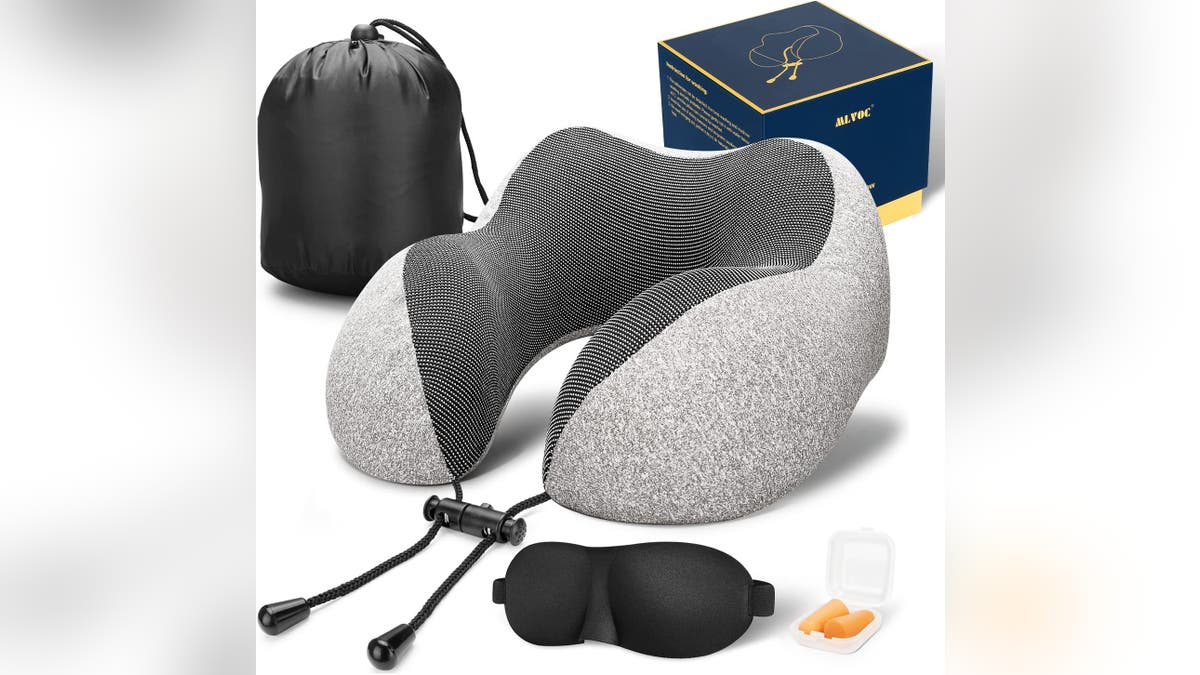 This travel pillow comes with a 3D sleep mask and earplugs.