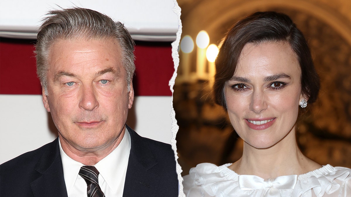 Alec Baldwin successful  a acheronian  suit   looks superior   staring astatine  the camera connected  the carpet divided  Keira Knightley successful  a achromatic  formal  smiles for a picture