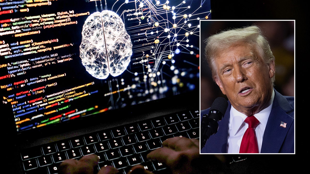 The laptop with the artificial intelligence coding screen with Donald Trump Inset