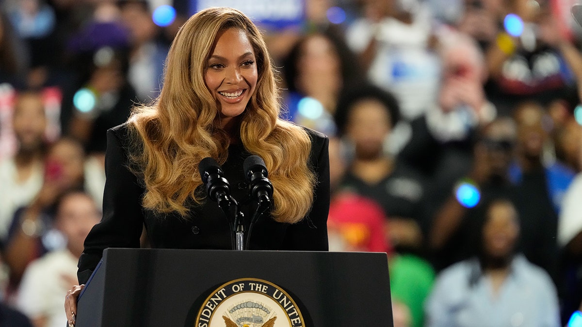 Beyonce speaking at a Kamala Harris event in Houston, TX.