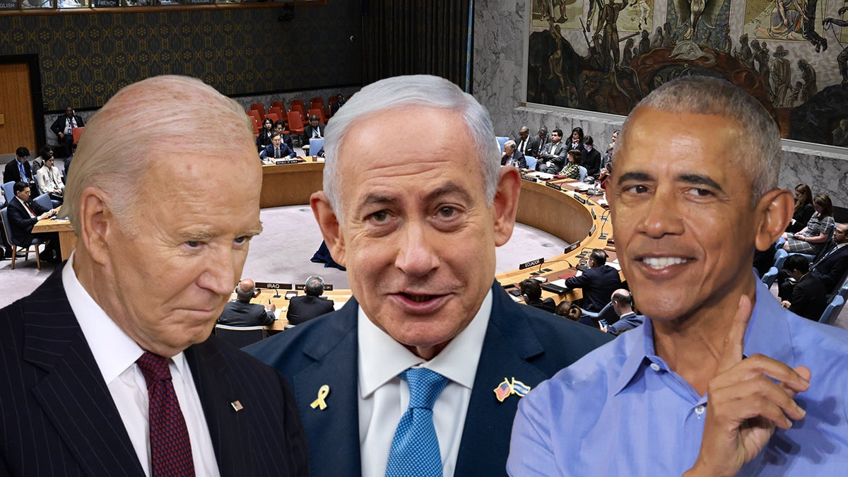 Biden, Netanyahu, and Obama in photo illustration, UN security council in background