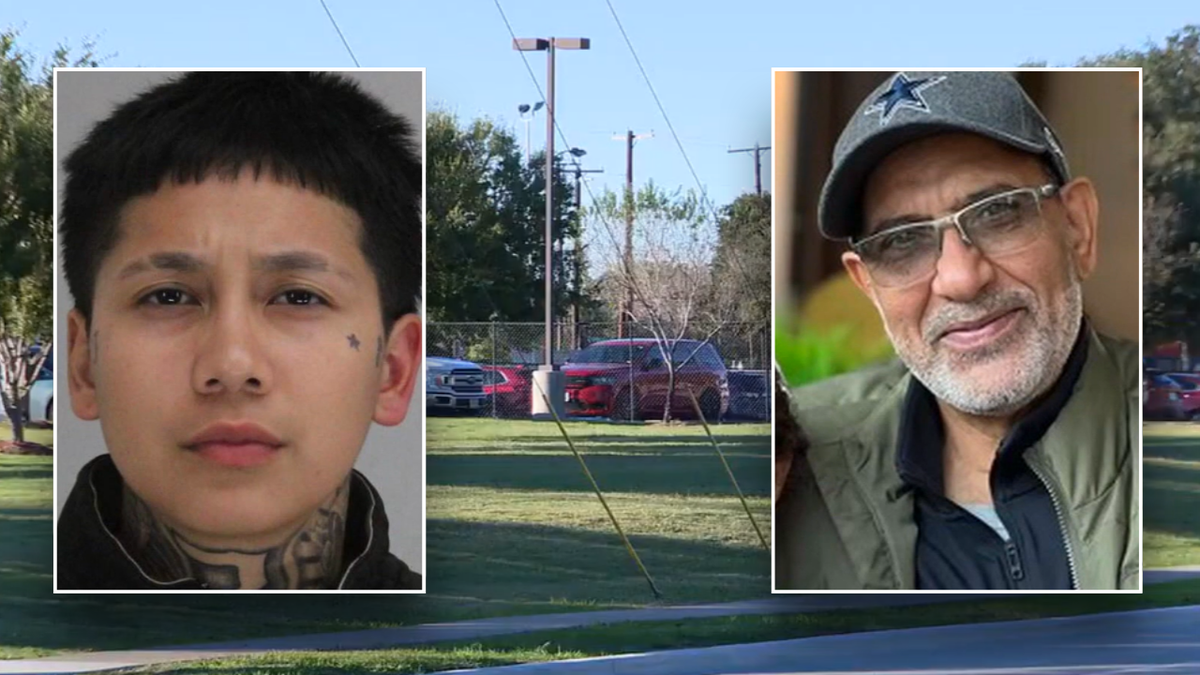 Split image of suspect, victim and gas station