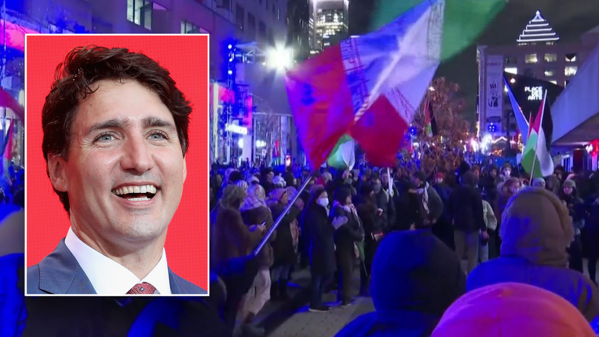 Split image of Trudeau, protests