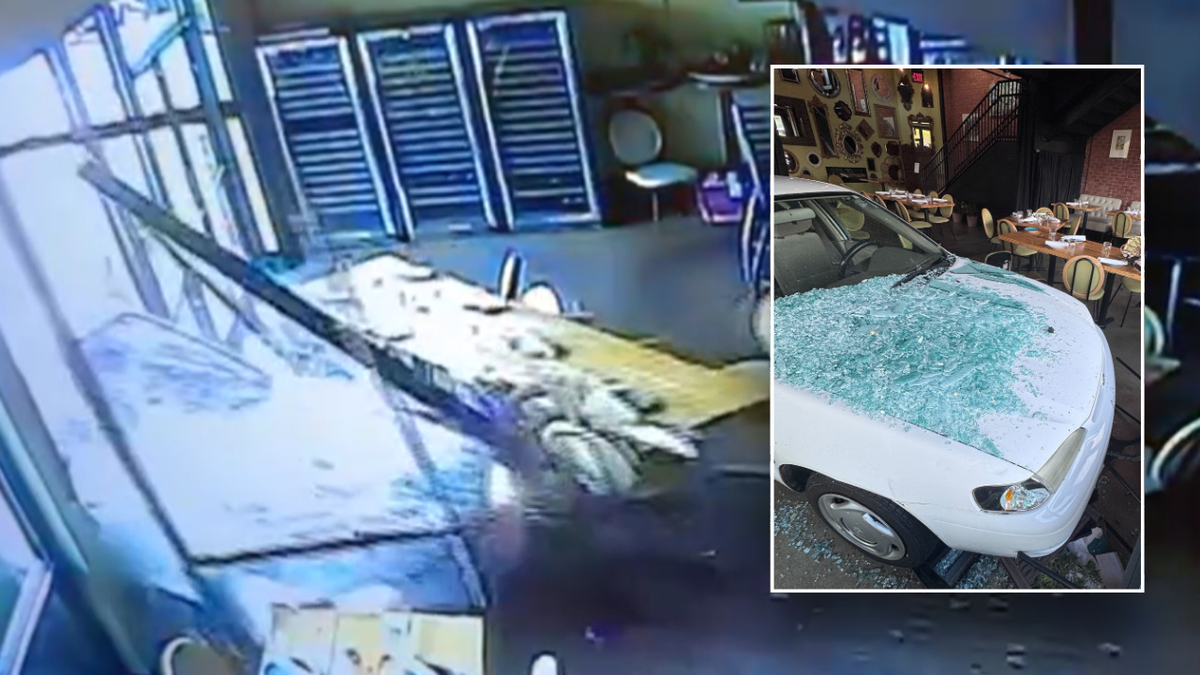 Split image of surveillance photo, damaged car