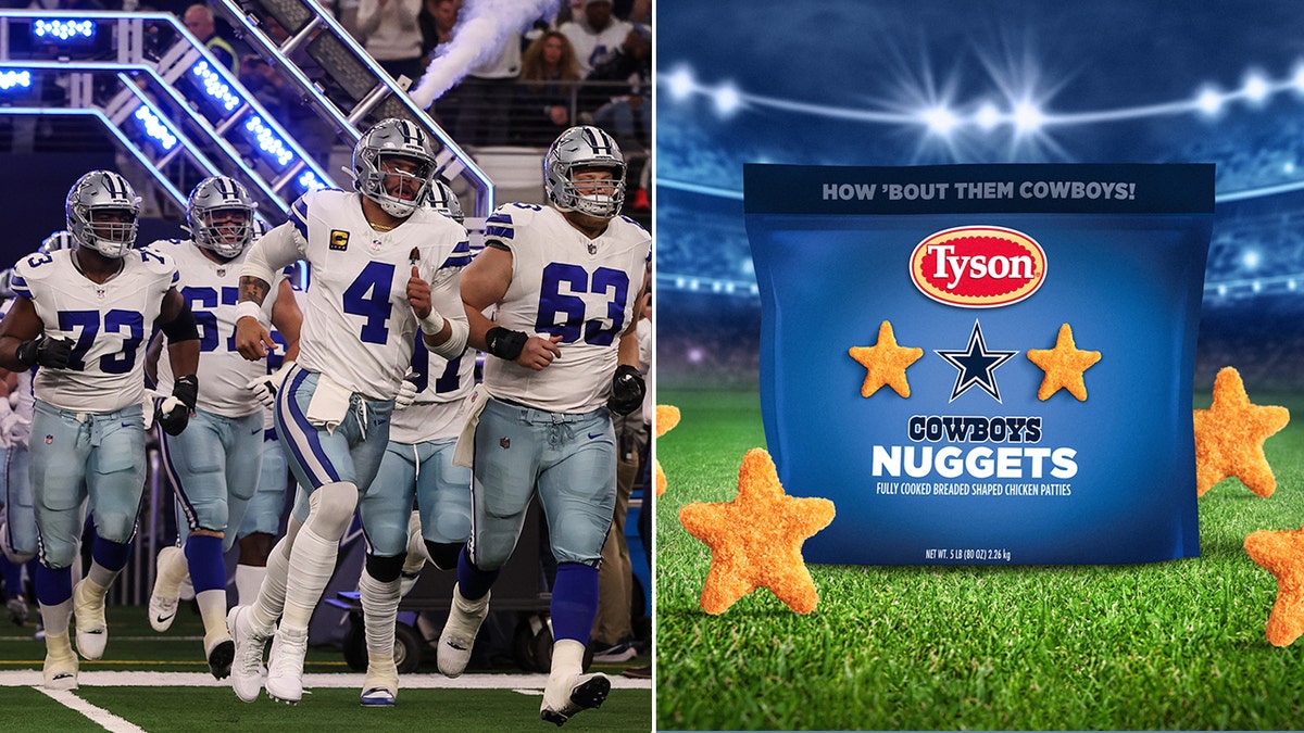 Members of the Dallas Cowboys run out of the tunnel before a game, left. The team is now the first in the NFL to have its own nuggets.