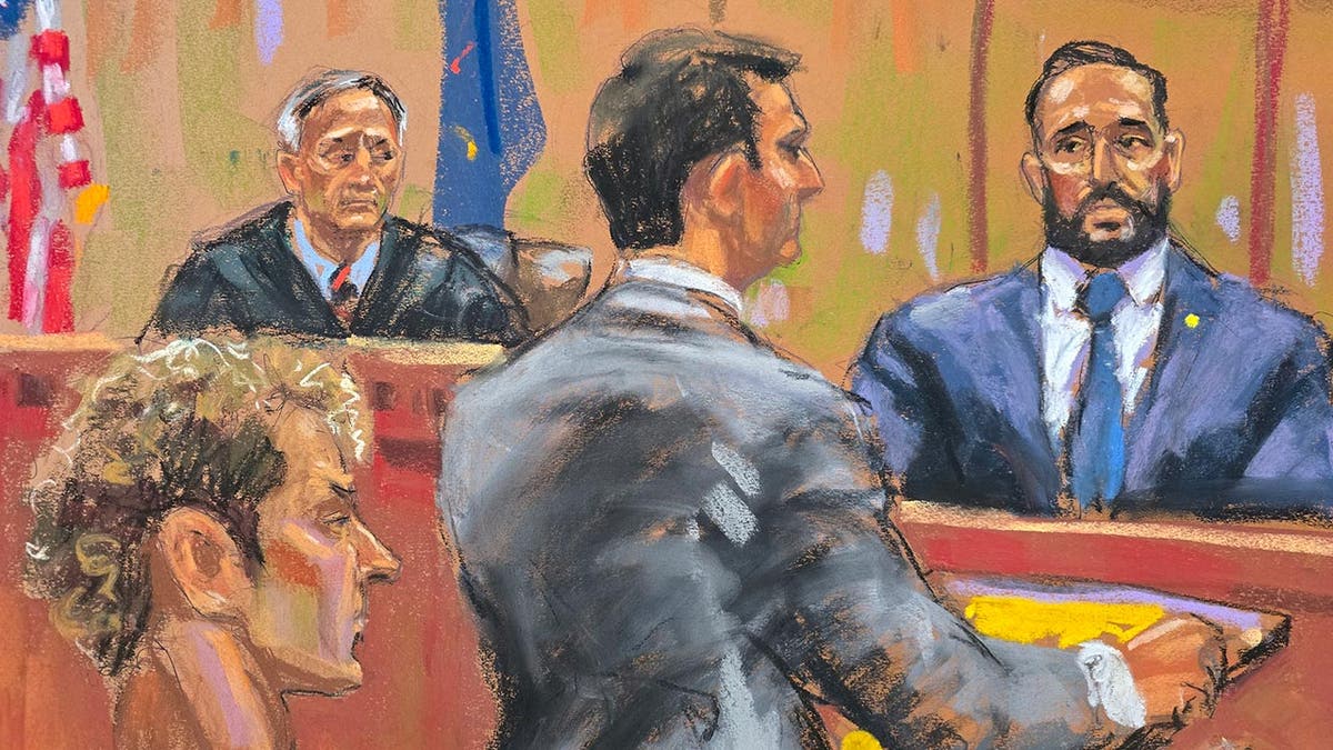 A sketch depicts Nolan Drylie, a witness testifying at the trial of Daniel Penny, being cross-examined by Thomas Kenniff in Manhattan Supreme Court on Tuesday, Nov. 19, 2024.