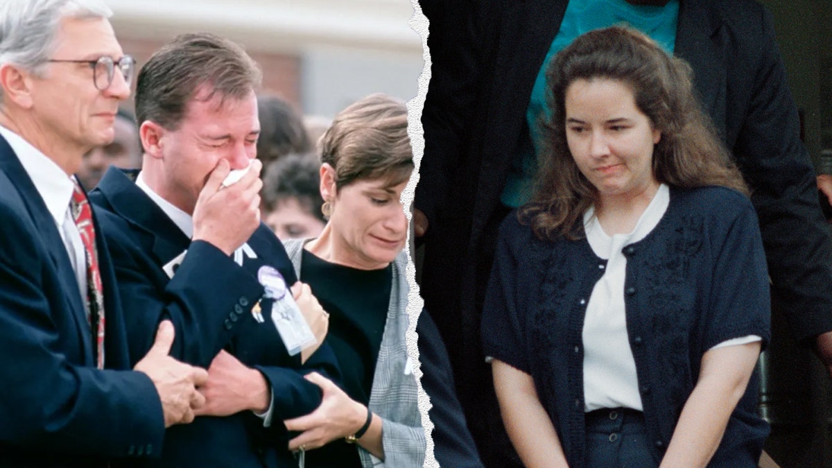 A split image of David Smith crying (left) and Susan Smith smirking (right) in 1994