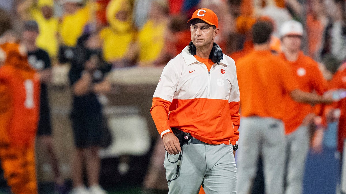 Clemson head coach Dabo Swinney looks on in the second half of an NCAA college football game against Louisville, Saturday, Nov. 2, 2024, in Clemson, S.C. 