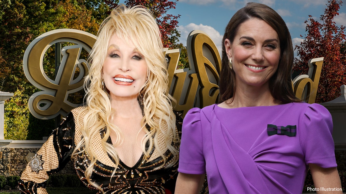 Dolly Parton and Kate Middleton with Dollywood signs behind them.