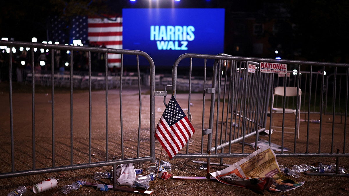 A flag is left at the event held by Democratic Vice Presidential candidate Kamala Harris on election night at Howard University.