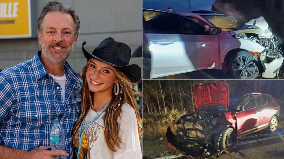 darryl worley with daughter savannah next to two wrecked cars 