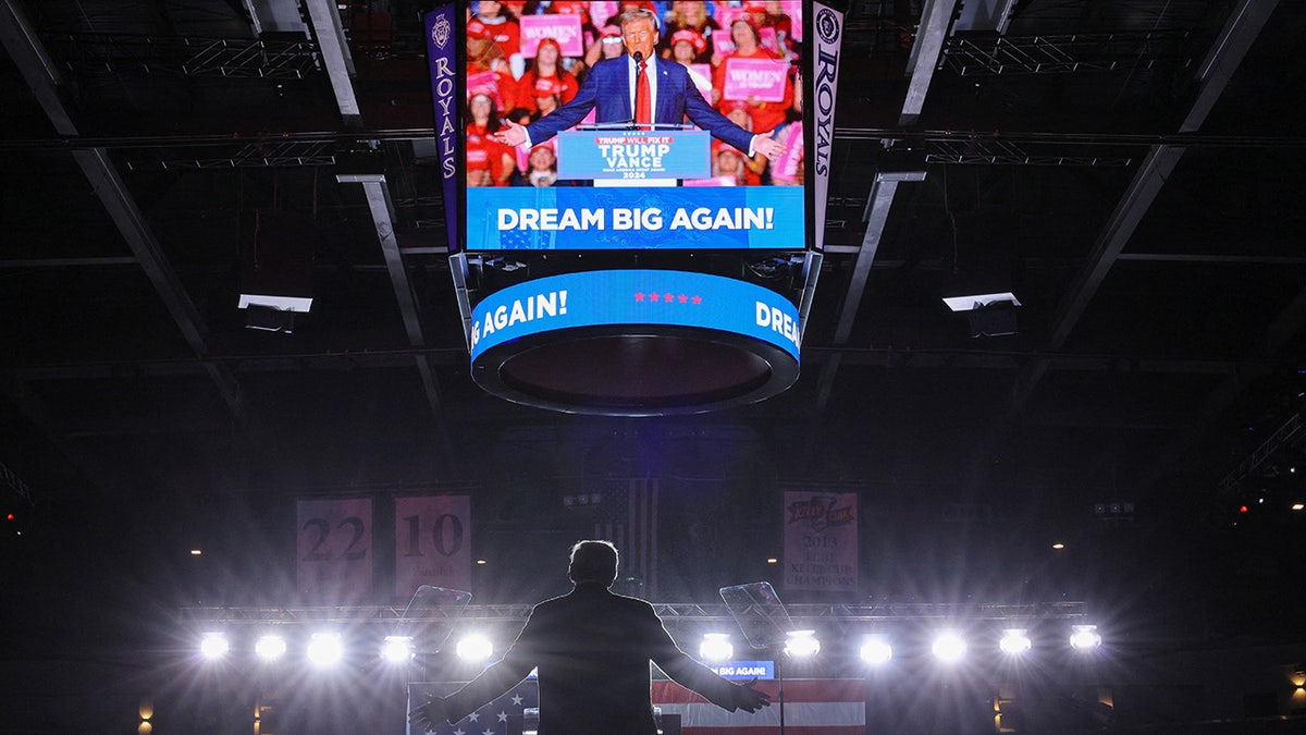 Donald Trump speaks at a campaign rally at the Santander Arena