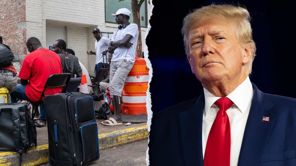 Migrants outside of two shelters in Brooklyn on July 24, 2024 in New York City and President Trump.