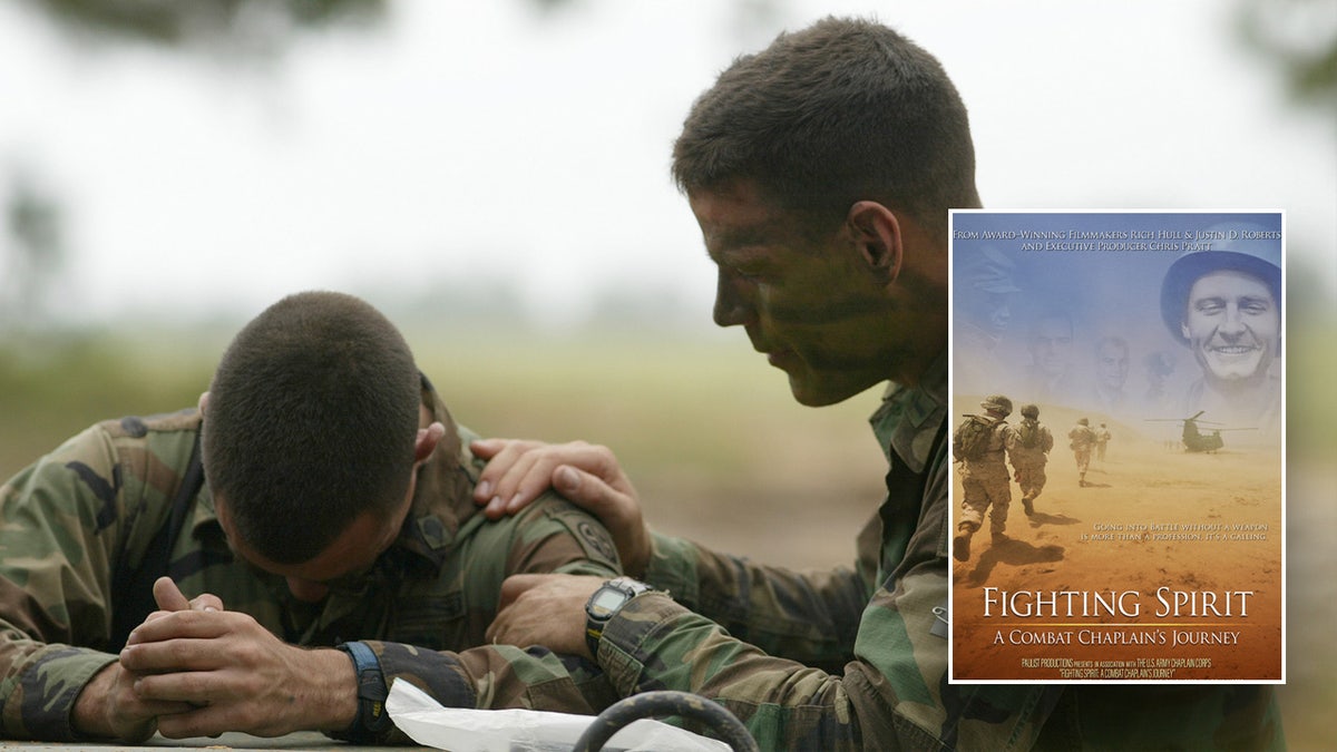 Inset of the movie poster for "Fighting Spirit: A Combat Chaplain's Journey" over a picture of a chaplain praying with a soldier.