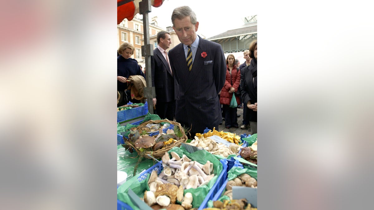 King Charles looking at a bunch of mushrooms.