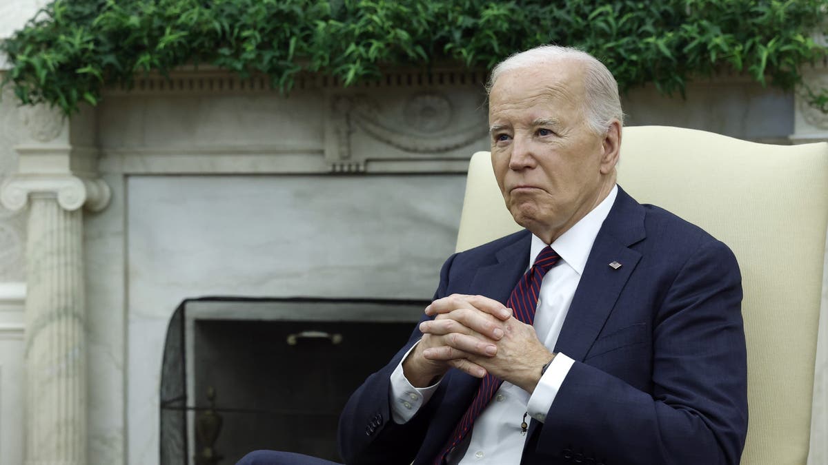 WASHINGTON, DC - APRIL 15: U.S. President Joe Biden listens as Iraqi Prime Minister Mohammed Shia al-Sudani speaks in the Oval Office of the White House on April 15, 2024 in Washington, DC. Biden and al-Sudani intend to speak on Iran’s drone strike on Israel over the weekend. Al-Sudani’s visit to the U.S. was already arranged last month with the intention to also discuss a range of topics pertaining to economic, trade and energy issues. (Photo by Anna Moneymaker/Getty Images)