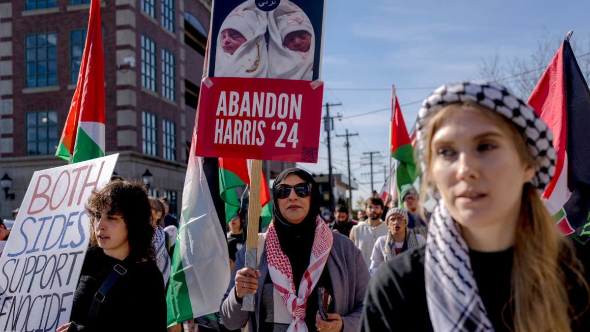 Abandon Harris protesters with signs, Palestinian flags