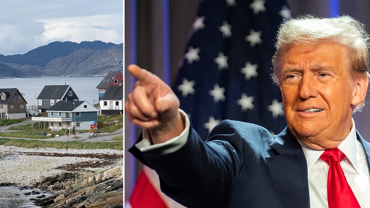 Nuuk in Greenland, left, Donald Trump points to the right