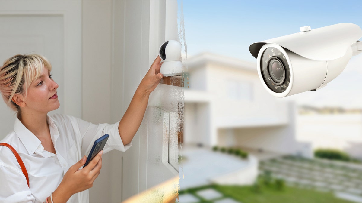 Split photo of woman setting up indoor security camera and an outdoor security camera on the exterior of a home