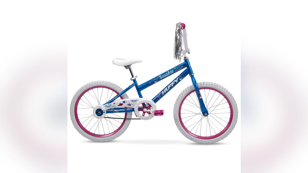 The sea star bicycle has a blue and pink design with fun, colorful graphics for style.