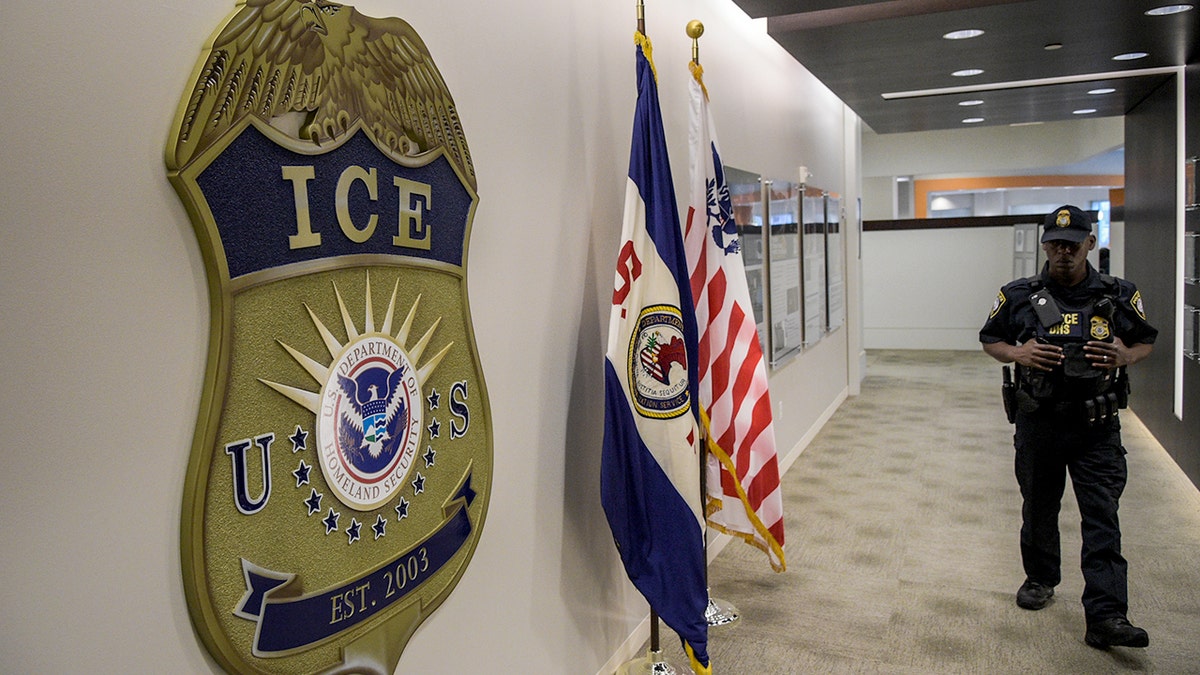 Law enforcement officer next to ICE badge on wall