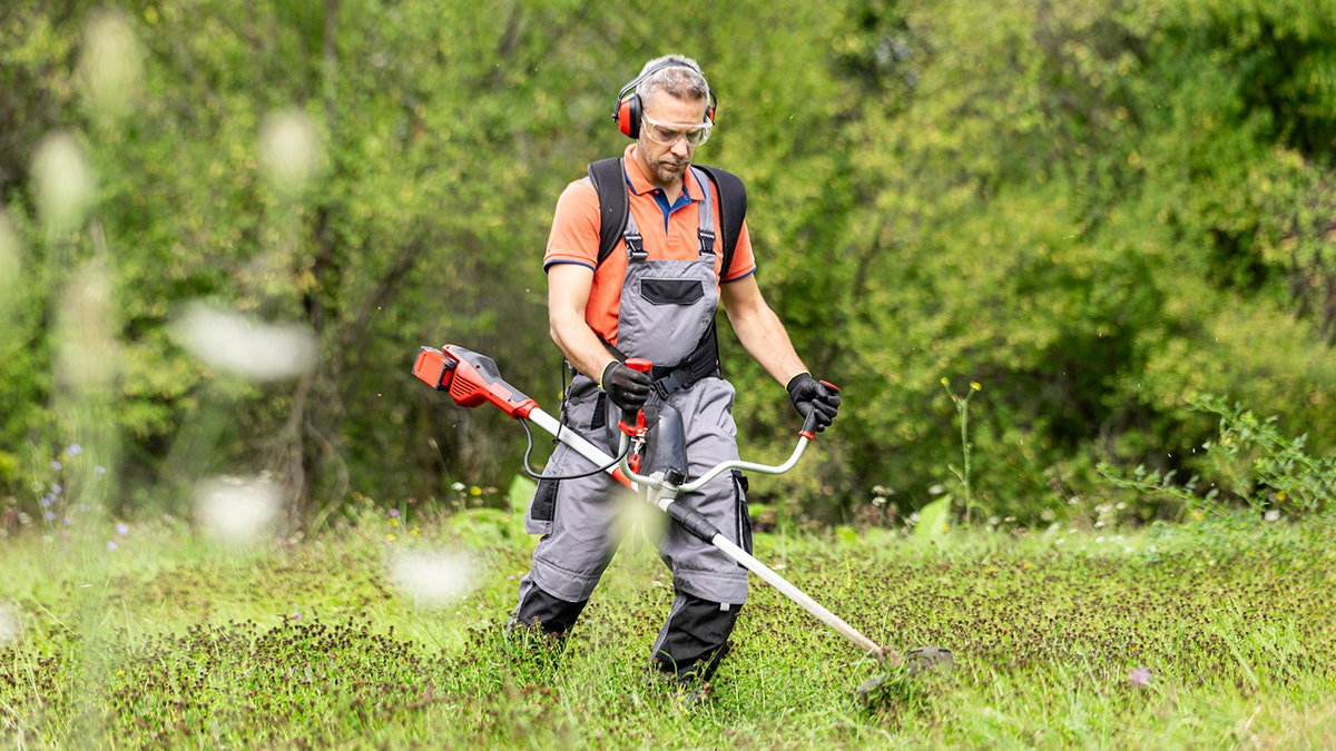 Man mowing the grass with hearing protection