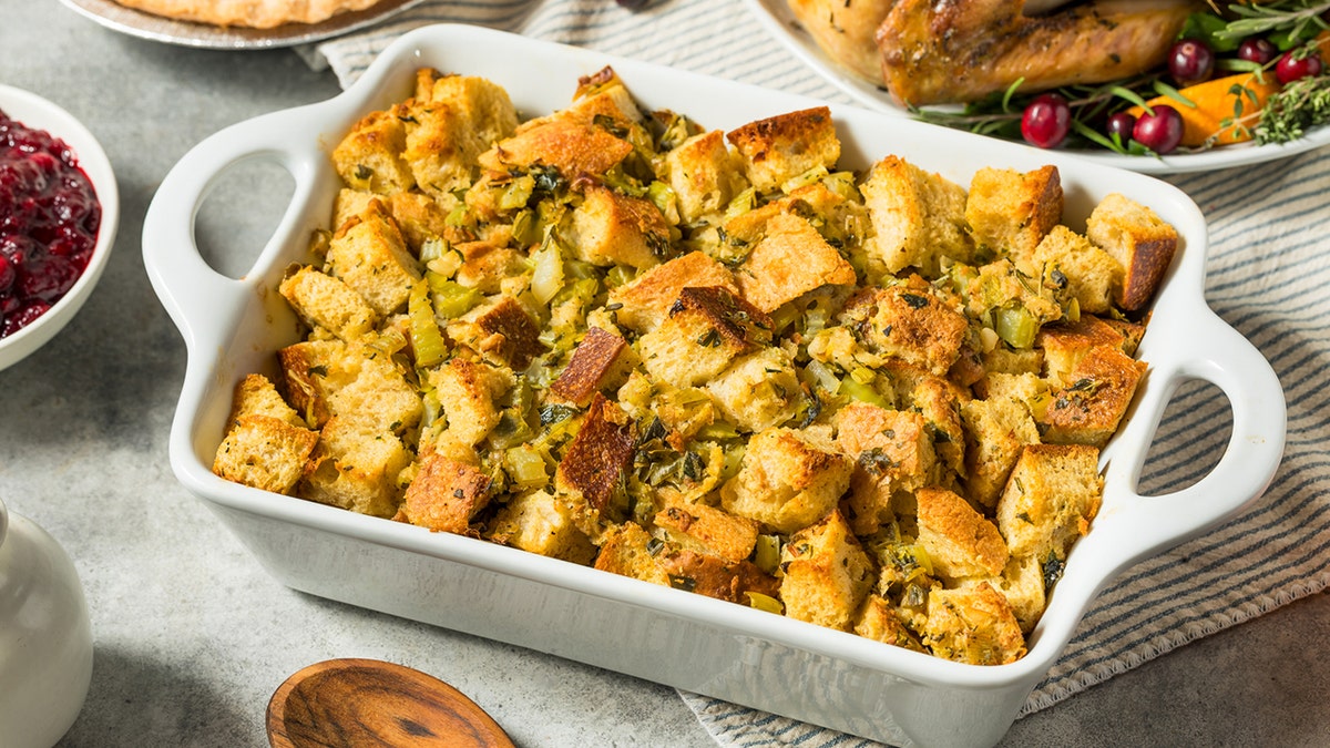 Homemade Turkey Stuffing for Thanksgiving Dinner in a Casserole Dish