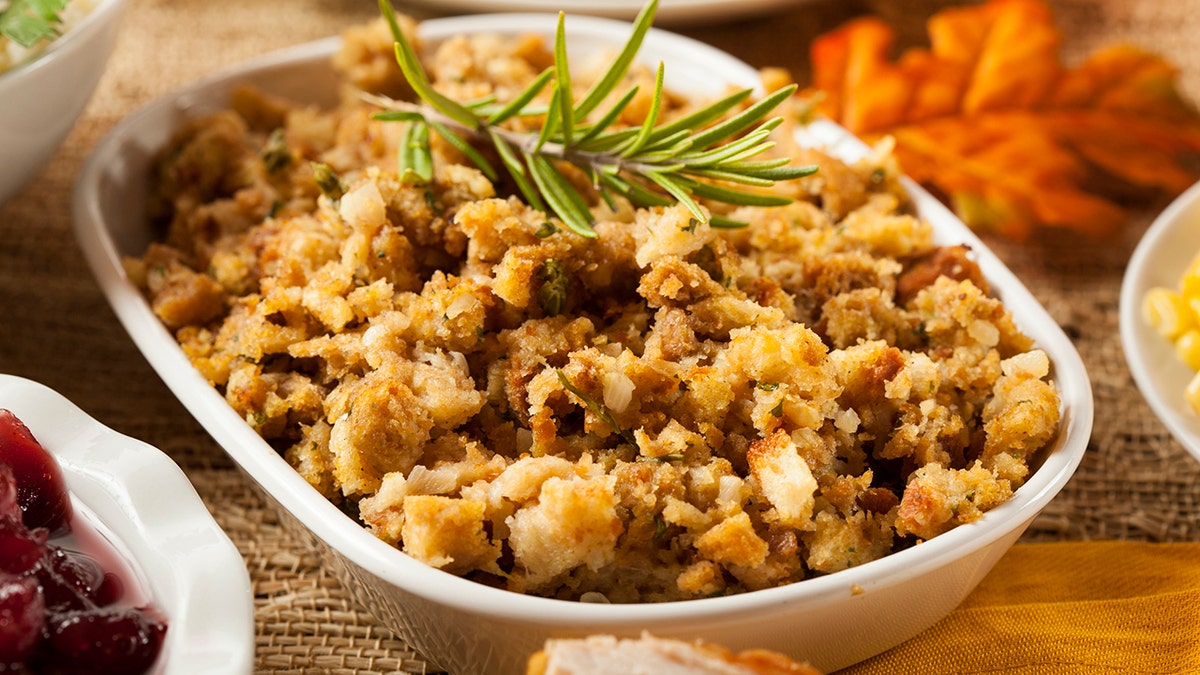 Homemade Thanksgiving Stuffing Made with Bread and Herbs