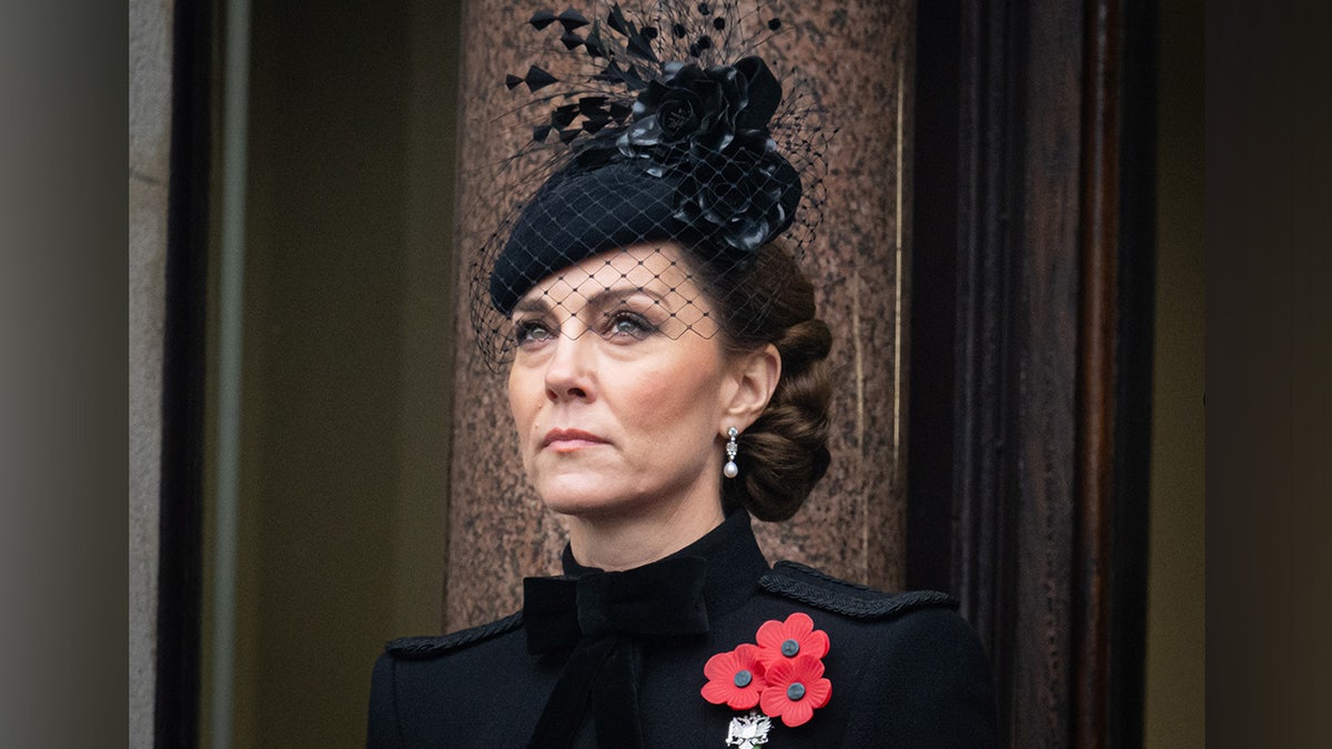 Close up of Kate Middleton in a black and glamorous dress, wearing a poppy pin