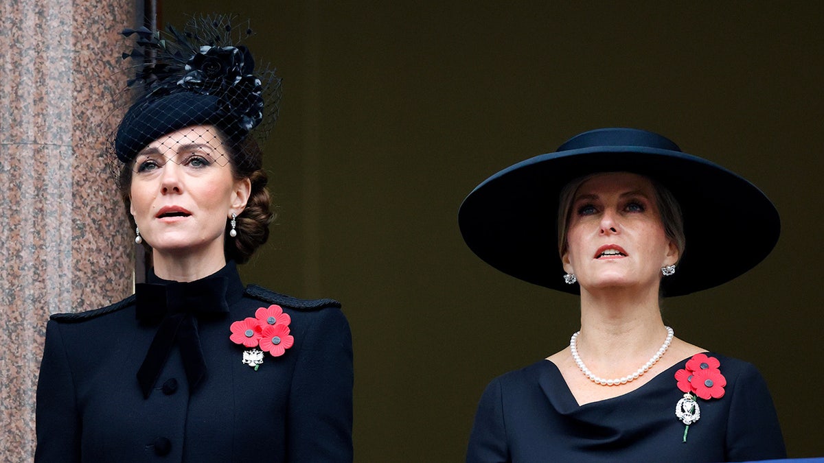 Kate Middleton in black on a balcony with Sophie, The Duchess of Edinburgh