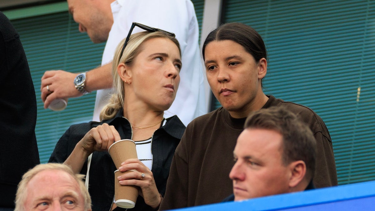 Sam Kerr and Kristie Mewis look on during the Premier League match between Chelsea FC and Manchester City FC at Stamford Bridge on August 18, 2024 in London, England. 