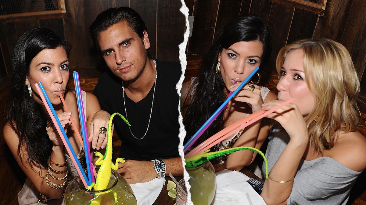 Kourtney Kardashian looks astatine  the camera arsenic  she drinks from a portion  with aggregate  colour  straws with Scott Disick sitting adjacent  to her divided  Kourtney Kardashian and Kristin Cavallari portion  from the aforesaid  drink