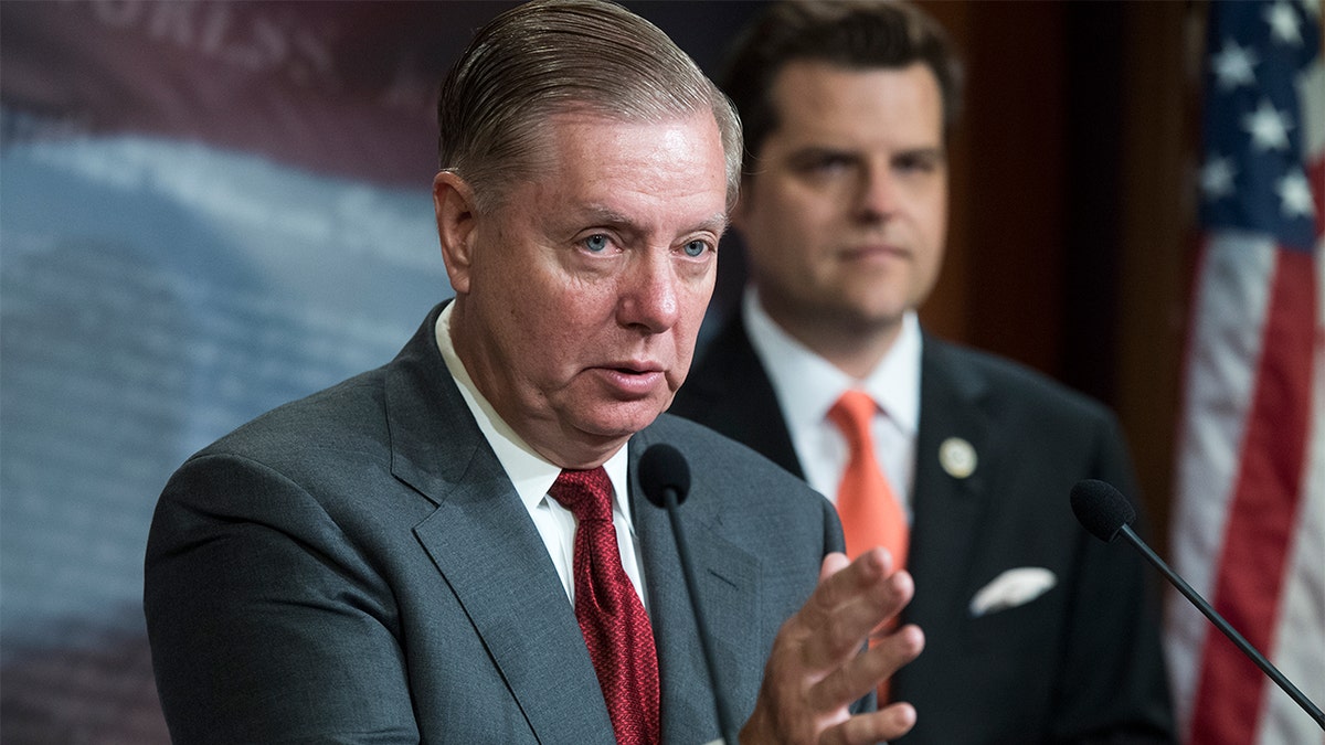 Sen. Lindsey Graham and Rep. Matt Gaetz conduct a news conference in the Capitol on July 10, 2019.