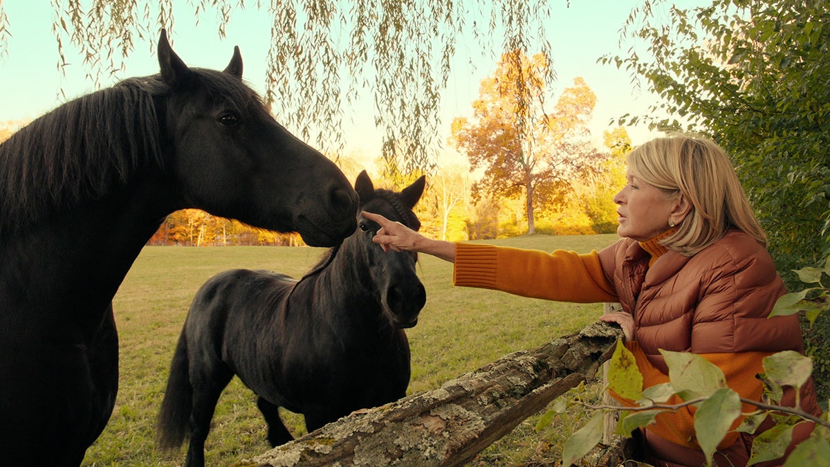 Martha Stewart petting her horses on her farm