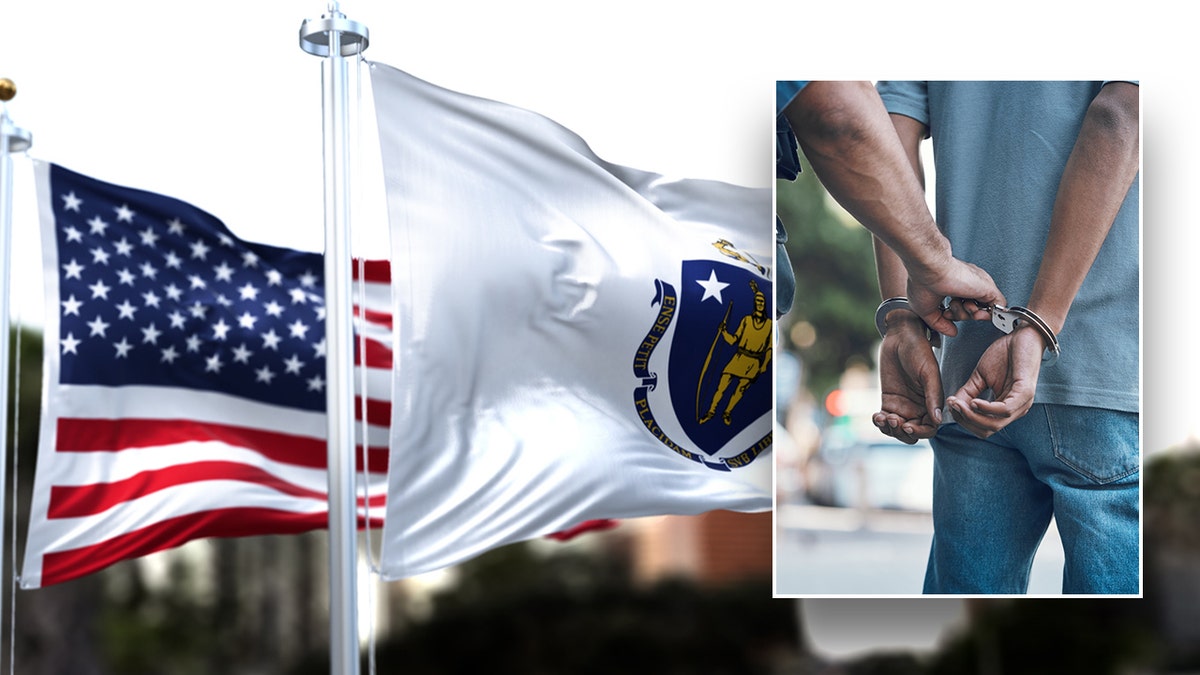 Person getting arrested with photo of American flag and Massachusetts flag in background