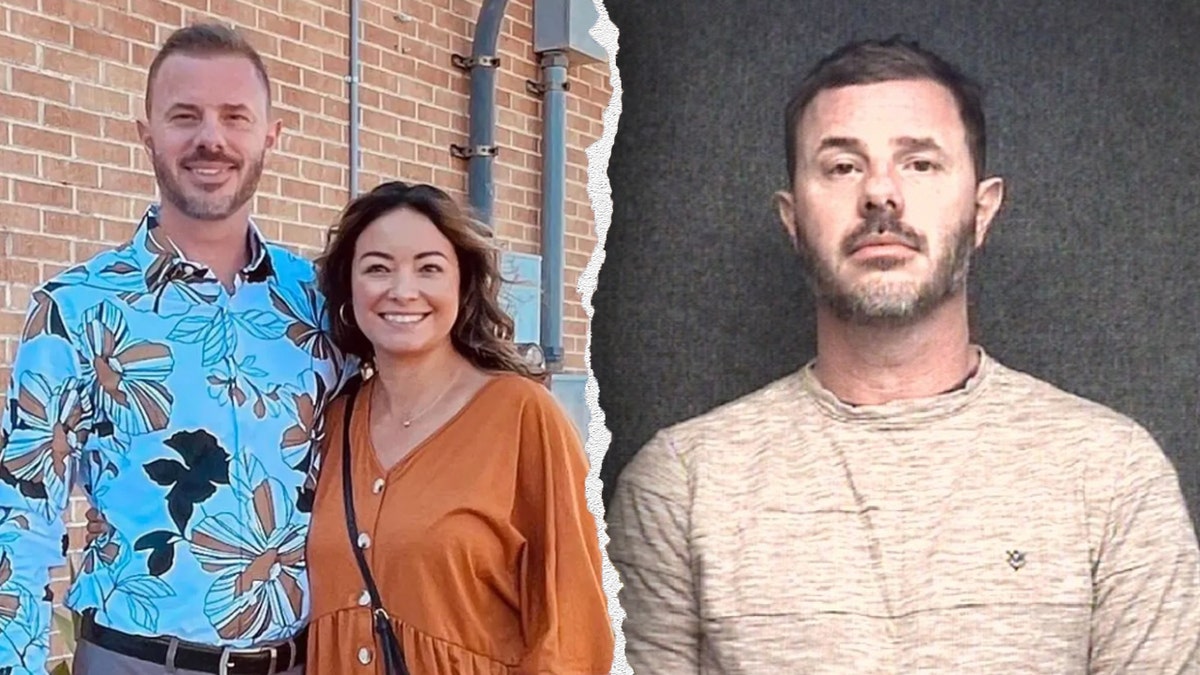 A split image of John-Paul and Mica Miller beside John-Paul's mugshot