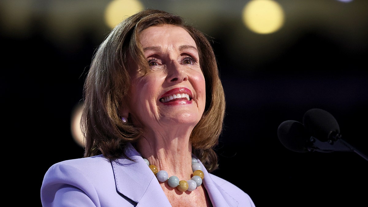 Former House Speaker Rep. Nancy Pelosi, D-Calif., speaks on stage during the third day of the Democratic National Convention at the United Center on Aug. 21, 2024, in Chicago, Illinois. (Justin Sullivan/Getty Images)