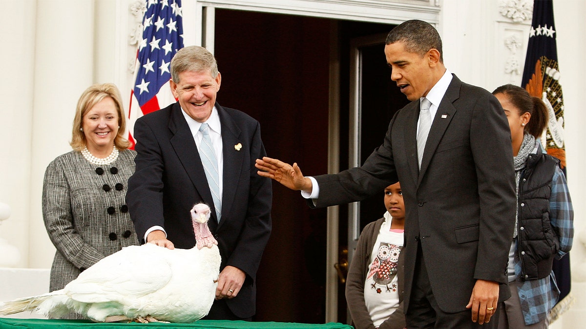 President Obama pardons a turkey named "Courage" at the North Portico of the White House on Nov. 25, 2009.