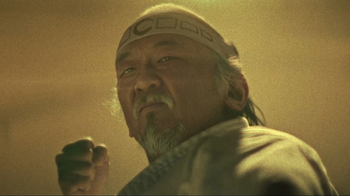 Close up of AI-recreated likeness of Pat Morita in "Cobra Kai"