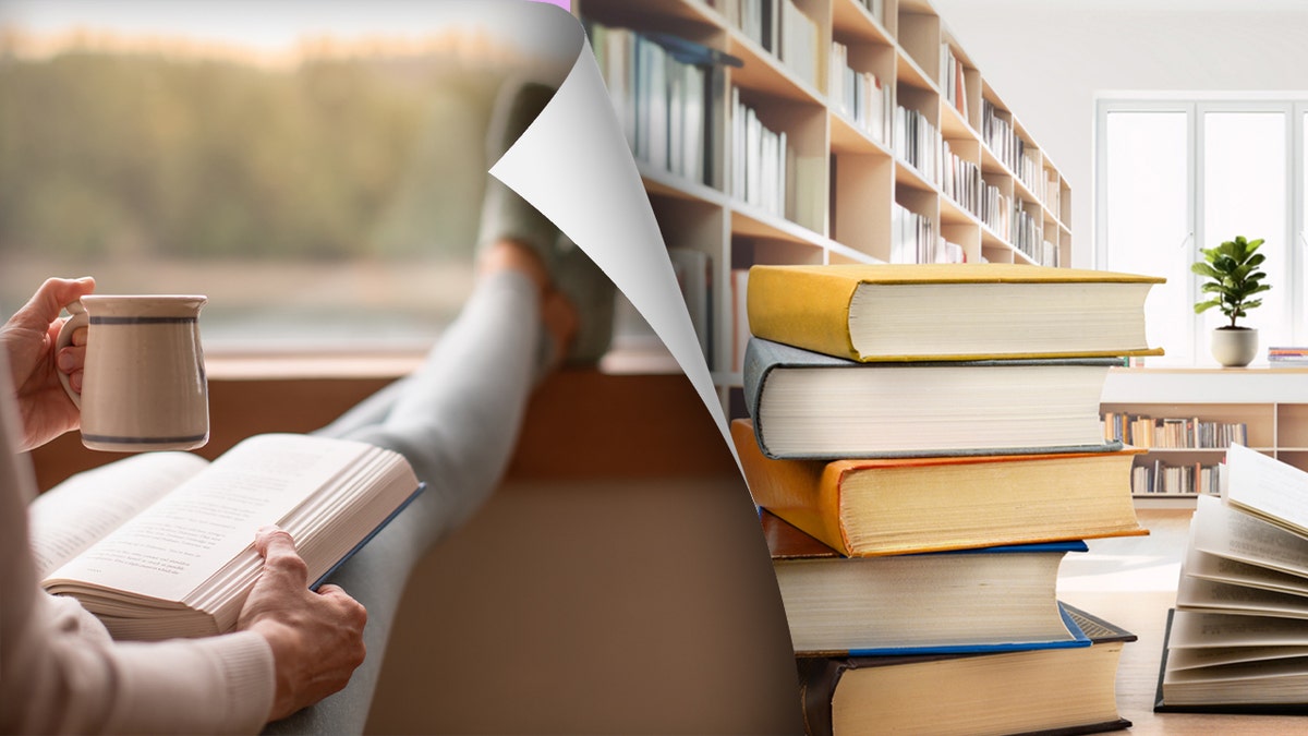 A person reading a book next to an image of a stack of library books 