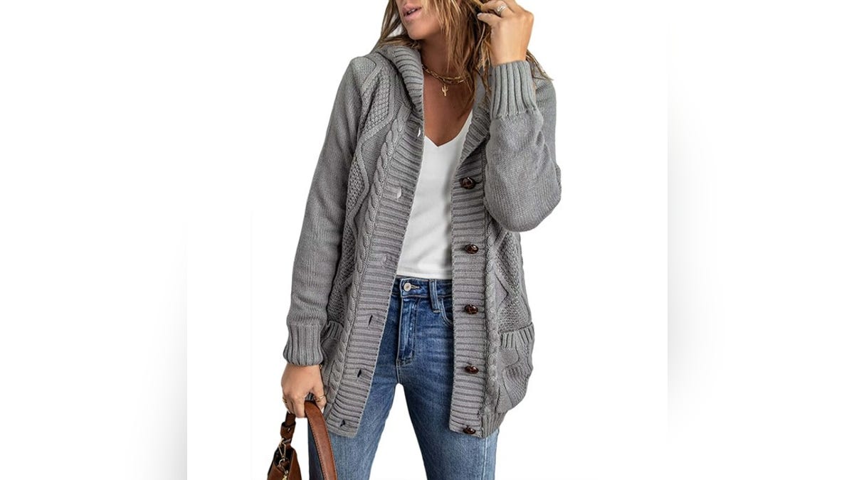 Stay warm and cozy with a hooded cardigan.?