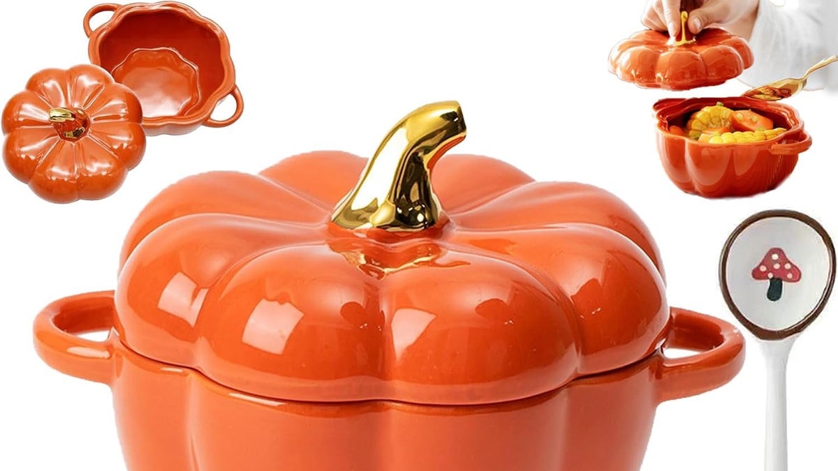 An oven-safe pumpkin-shaped crockery   vessel  is some  festive and functional.