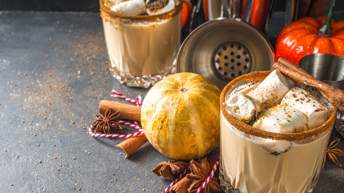 Hot pumpkin spice cocktail, a white Russian pumpkin cocktail, with marshmallow and pumpkin spice.