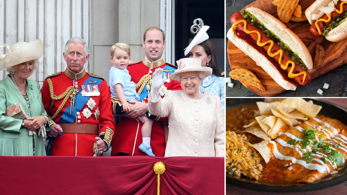 Split image of the British Royal Family on one half of the image, with an image of a hot dog with mustard, relish, and onion on the top right and a picture of a plate of enchiladas on the bottom right.