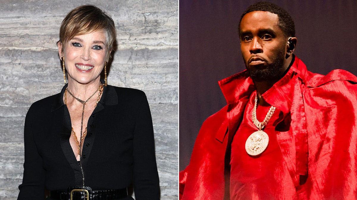 A split image of Sharon Stone and Diddy