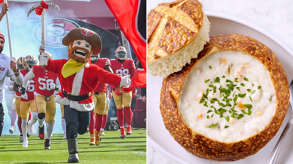 Split image of Sourdough Sam, a humanoid mascot, leading a football team on to the field. On the other side of the image is clam chowder in a sourdough bread bowl.