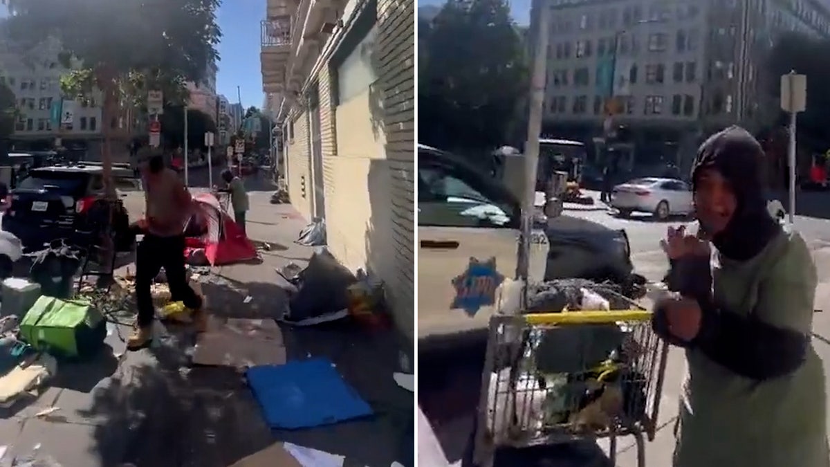 Basura, tiendas de campaña, personas sin hogar y un coche del Departamento de Policía de San Francisco