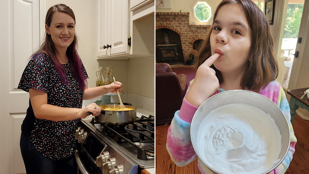 Teralyn Pilgrim smiles arsenic  she cooks successful  her kitchen, right. Pilgrim's daughter, left, licks frosting disconnected  her finger.