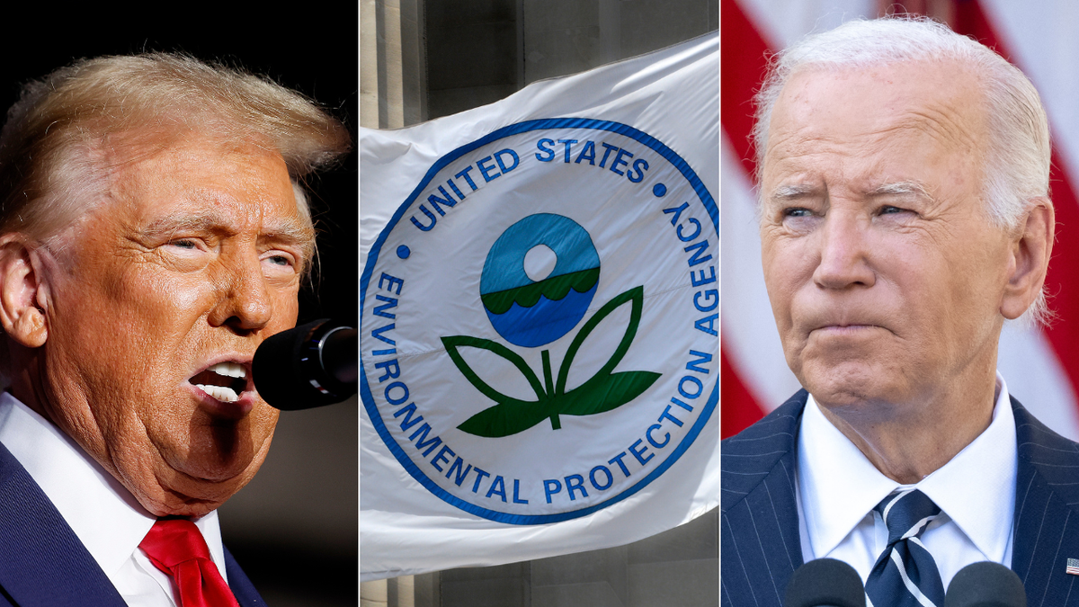 Headshots of President-elect Donald Trump and President Joe Biden stand between an image of the Environmental Protection Agency's flag flying above its D.C. headquarters.