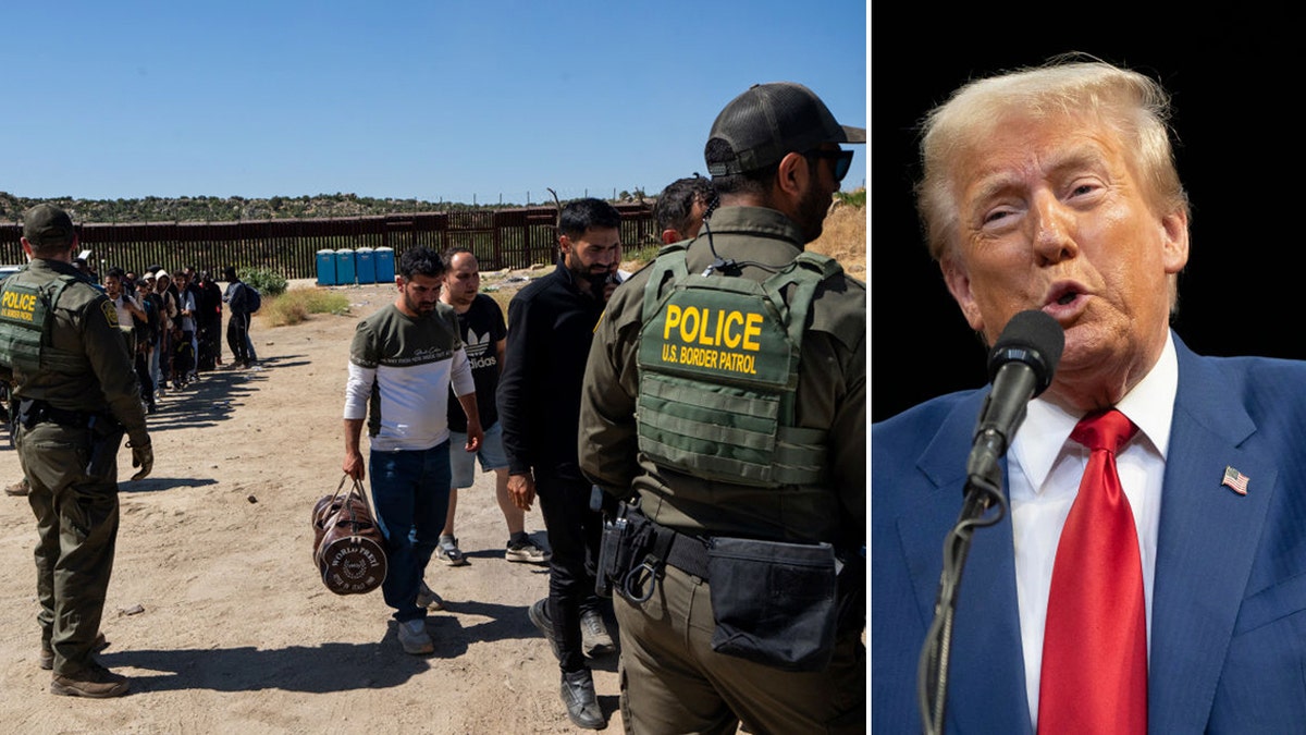 Border patrol with migrants, on the left; President Trump, right